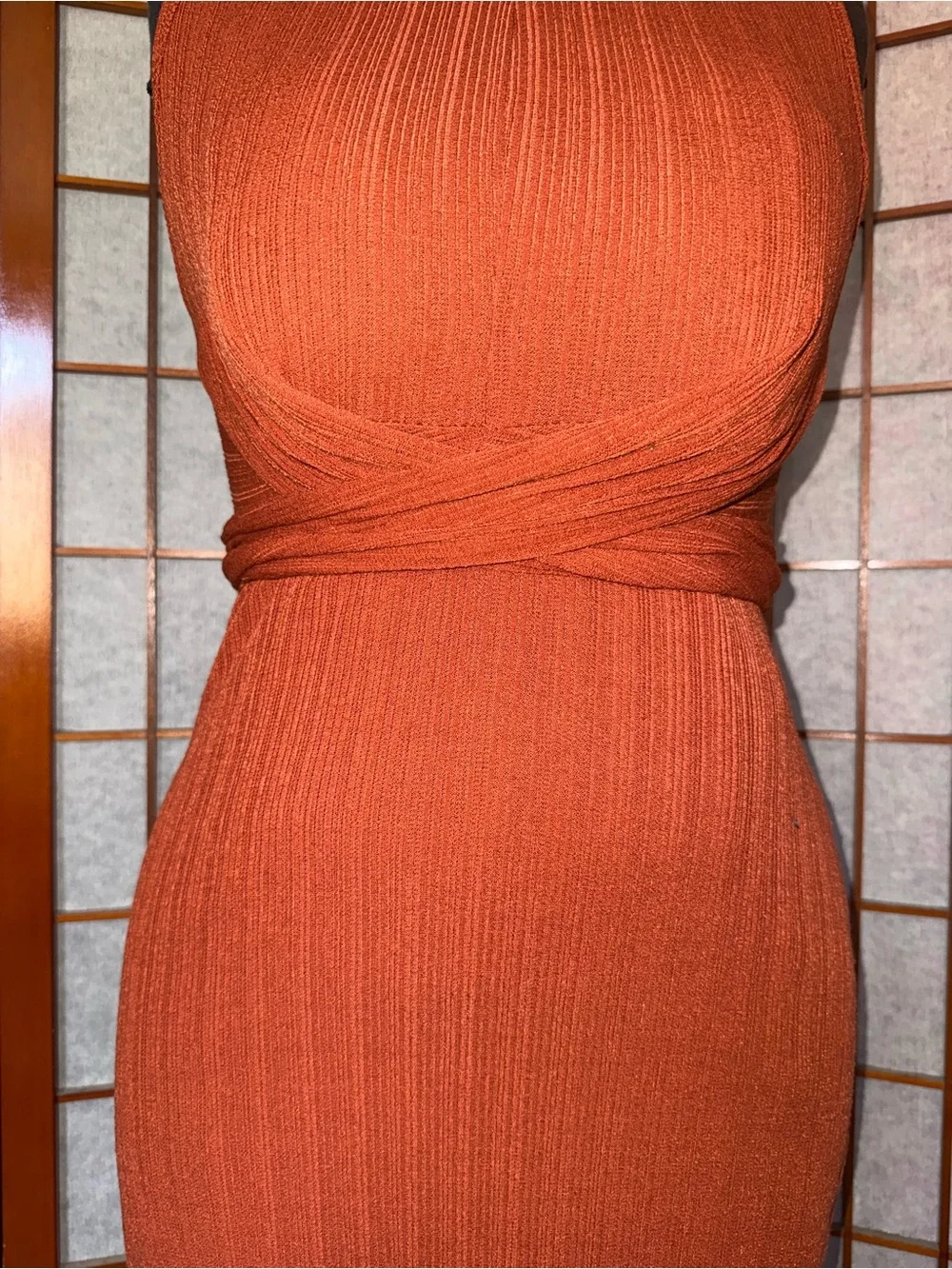 Lush - Rust Ribbed Knit Twist Waist Bodycon Midi Dress Size L - Picture 2 of 4